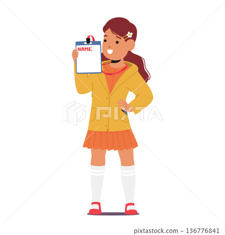 Small Girl Proudly Holds A Nameplate, Little Child Character with a Charming Smile Introduces or Greets Somebody 136776841