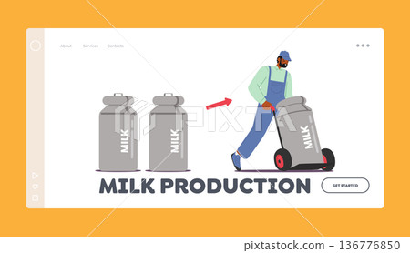 Milk Production Landing Page Template. Loader Male Character Push Trolley With Milk Canister. Man Worker Deliver Dairy Milk Production Landing Page Template. Loader Male Character Push Trolley With Milk Canister. Man Worker Deliver Dairy 136776850