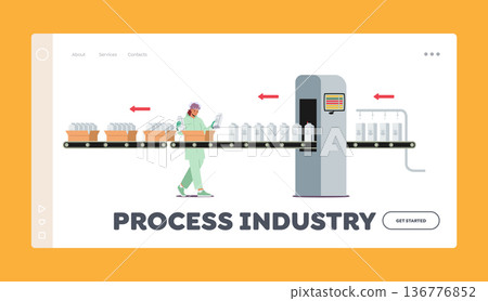 Process Industry Landing Page Template. Dairy Food Packaging, Industrial Automation. Plant Worker on Factory Conveyor Process Industry Landing Page Template. Dairy Food Packaging, Industrial Automation. Plant Worker on Factory Conveyor 136776852