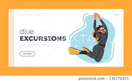 Dive Excursions Landing Page Template. Female Character Diver Wears Scuba Gear Explore And Study Underwater World Dive Excursions Landing Page Template. Female Character Diver Wears Scuba Gear Explore And Study Underwater World 136776855