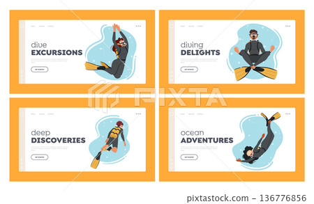 Divers Landing Page Template Set. Skilled Underwater Explorers Navigate The Depths With Precision, And Determination Divers Landing Page Template Set. Skilled Underwater Explorers Navigate The Depths With Precision, And Determination 136776856