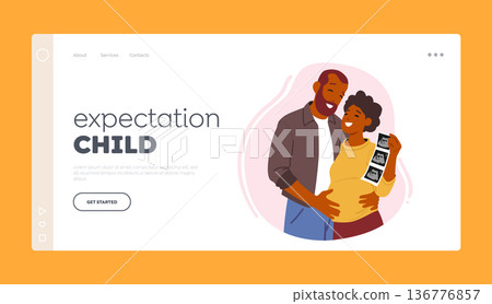 Expectation Child Landing Page Template. Happy Couple Of Husband And Wife Prepare Become Parents, Vector Illustration 136776857