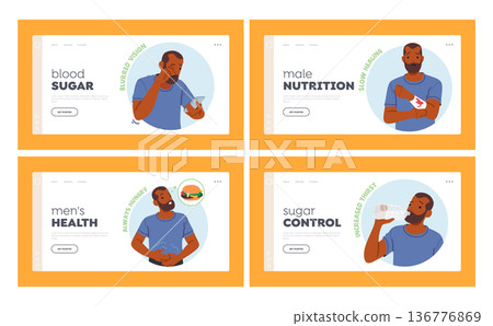 Diabetes Symptoms Landing Page Template. Disease Signs Performed with Male Character such as Always Hungry 136776869