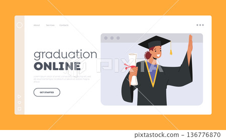 Online Graduation Landing Page Template. Bachelor Girl Character with Diploma On Laptop Screen. Virtual Celebration 136776870