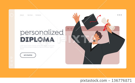 Online Graduation Ceremony Landing Page Template. Boy Bachelor Character Proudly Holding Diploma and Throwing Hat 136776871