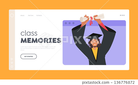 Class Memories Landing Page Template. Female Character Celebrate Online Graduation Ceremony. Girl Bachelor On Laptop 136776872