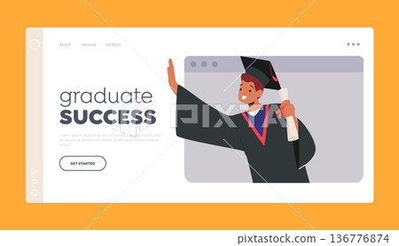 Graduate Success Landing Page Template. Online Graduation Ceremony With Boy Bachelor Character Holding Diploma Scroll 136776874