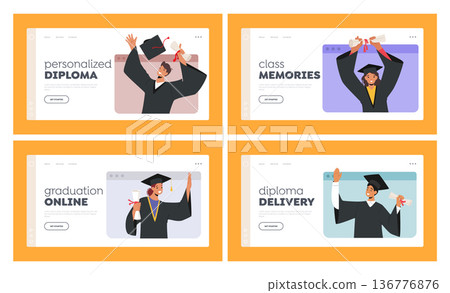 Virtual Graduation Ceremony Landing Page Template Set. Bachelors on Laptop Screen. Online Celebration Of Achievements 136776876