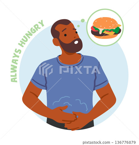 Unrelenting Hunger Common Symptom Of Diabetes. Male Character Constantly Feel The Need To Eat, Vector Illustration Unrelenting Hunger Common Symptom Of Diabetes. Male Character Constantly Feel The Need To Eat, Vector Illustration 136776879