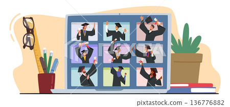 Virtual Graduation Ceremony with Bachelors on Laptop Screen. Online Celebration Of Academic Achievements 136776882
