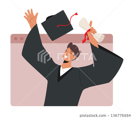 Online Graduation Ceremony Concept With Boy Bachelor Character Proudly Holding Diploma and Throwing Hat 136776884