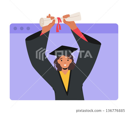 Female Character Celebrate Online Graduation Ceremony. Girl Bachelor On Laptop Screen During Virtual Graduation 136776885