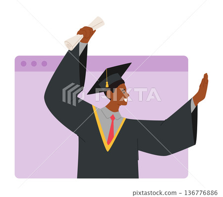 Online Graduation Ceremony Concept Featuring African American Boy Bachelor Character Holding Diploma On Laptop Screen 136776886