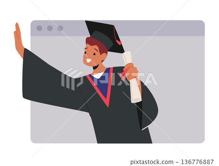 Online Graduation Ceremony With Boy Bachelor Character Holding Diploma Scroll On Laptop Screen, Celebrating 136776887