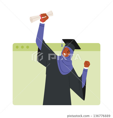 Online Graduation Ceremony Featuring Muslim Girl Bachelor Character Holding Diploma On Laptop Screen 136776889