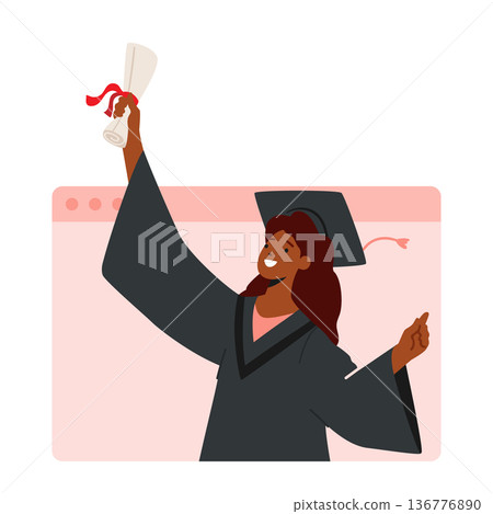 Online Graduation Ceremony With African american Girl Bachelor Character Displaying Diploma On Laptop Screen 136776890