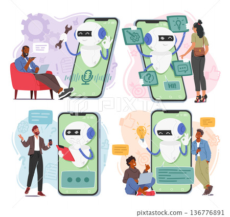 Set of Characters Use Chatbot Services For Various Purposes Such As Customer Service, Scheduling Appointments 136776891