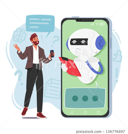 Man Character Utilizes Chatbot For Technical Support, Experiencing A Prompt, Automated, And Hassle-free Resolution 136776897