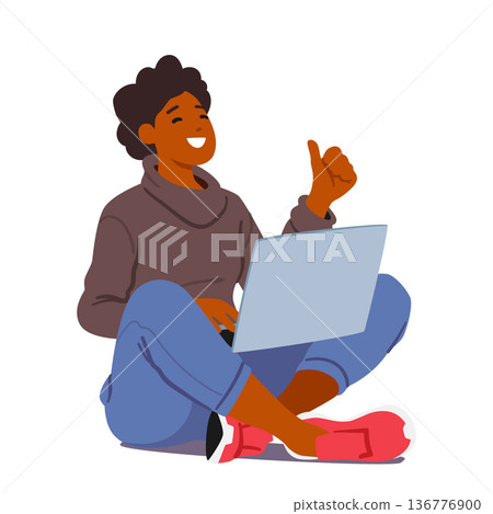 Cheerful Young Woman Character Sit With Laptop Showing Thumb Up, Indicating Approval Or Success Vector Illustration Cheerful Young Woman Character Sit With Laptop Showing Thumb Up, Indicating Approval Or Success Vector Illustration 136776900
