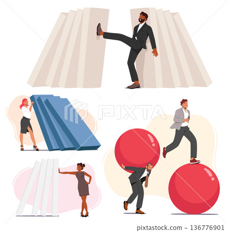 Set Of People Deal with Problems. Sad And Cheerful Men or Women Overloaded With Problems Or Tasks Vector Illustration Set Of People Deal with Problems. Sad And Cheerful Men or Women Overloaded With Problems Or Tasks Vector Illustration 136776901