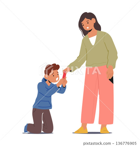 Child Boy Character, Consumed By Gadget Addiction, Pleads With Their Mother For A Smartphone, Vector Illustration 136776905