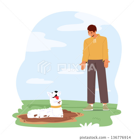 Dog Displaying Undesirable Behavior By Lying In A Dirty Puddle, Possibly Indicating A Behavioral Problem, Illustration Dog Displaying Undesirable Behavior By Lying In A Dirty Puddle, Possibly Indicating A Behavioral Problem, Illustration 136776914
