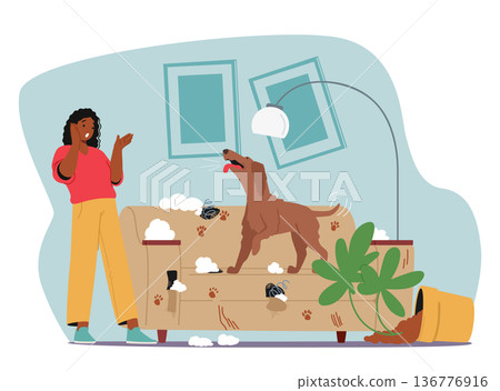 Anxious Female Owner and Dog Damaged Sofa, Visual Representation Of Behavior Problems In Pets, Vector Illustration 136776916