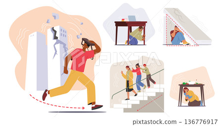 Characters Observe Earthquake Safety Rules. Drop, Cover, Hold On, Stay Away From Windows. Use Plan Evacuation Routes Characters Observe Earthquake Safety Rules. Drop, Cover, Hold On, Stay Away From Windows. Use Plan Evacuation Routes 136776917
