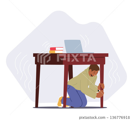 Fearful Man Hides Under Table For Safety During Earthquake. Character Seeking Protection From Collapsing Surroundings Fearful Man Hides Under Table For Safety During Earthquake. Character Seeking Protection From Collapsing Surroundings 136776918