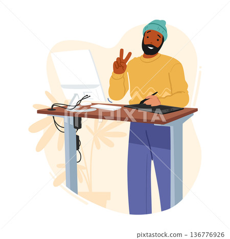 Graphic Designer Male Character Drawing With Stylus On Tablet Standing At Desk With Computer, Creative Man Work Graphic Designer Male Character Drawing With Stylus On Tablet Standing At Desk With Computer, Creative Man Work 136776926