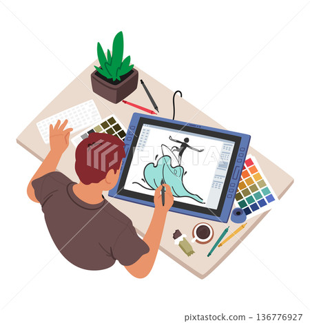 Graphic Designer Male Character With Stylus Drawing On Tablet At Workplace Top View. Man Bring Creativity Ideas To Life Graphic Designer Male Character With Stylus Drawing On Tablet At Workplace Top View. Man Bring Creativity Ideas To Life 136776927