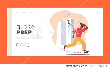 Quake Prep Landing Page Template. Fear-stricken Man Flees Shattered Building Amidst Earthquake Chaos Vector Illustration 136776931