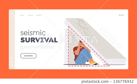Seismic Survival Landing Page Template. Fearful Man Hiding Under Concrete Slab For Safety During Earthquake 136776932