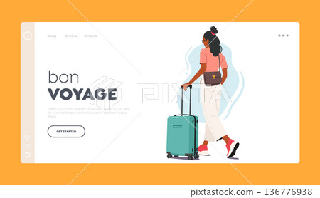 Travel, Voyage Landing Page Template. Woman Character Carrying Luggage In the Airport, Ready To Embark On Her Journey Travel, Voyage Landing Page Template. Woman Character Carrying Luggage In the Airport, Ready To Embark On Her Journey 136776938