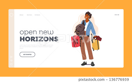 Summer Vacation, Journey Landing Page Template. Woman With Luggage Ready For Travel. Cheerful Female Character 136776939