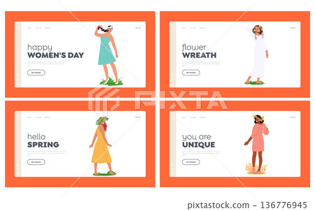 Young Women With Floral Crowns Landing Page Template Set. Female Characters Wear Nice Summertime Dresses 136776945