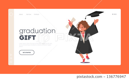 Graduation Gift Landing Page Template. Happy Kid Character Dressed In Gown And Cap, Receives Degree With A Beaming Smile Graduation Gift Landing Page Template. Happy Kid Character Dressed In Gown And Cap, Receives Degree With A Beaming Smile 136776947