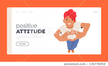 Positive Attitude Landing Page Template. Joyful Woman, Eyes Lifted, Displaying Heart Gesture Top View Positive Attitude Landing Page Template. Joyful Woman, Eyes Lifted, Displaying Heart Gesture Top View 136776950