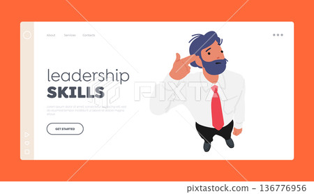 Leadership Skills Landing Page Template. Adult Business Man Looking Up With Finger Gun Gesture, Shooting Himself In Head Leadership Skills Landing Page Template. Adult Business Man Looking Up With Finger Gun Gesture, Shooting Himself In Head 136776956