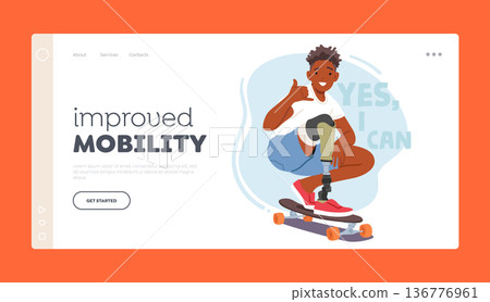 Improved Mobility Landing Page Template. Young Skateboarder Rides With Leg Prosthesis, Demonstrating His Perseverance Improved Mobility Landing Page Template. Young Skateboarder Rides With Leg Prosthesis, Demonstrating His Perseverance 136776961