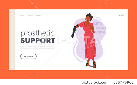 Prosthetic Support Landing Page Template. Disabled Dancer Female Character. Woman Dances Gracefully With Prosthetic Hand 136776962