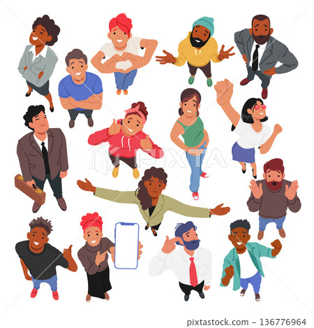 Group of Male Female Characters Gathered, Their Heads Tilted Upwards, Marveling At Something From A Top View Group of Male Female Characters Gathered, Their Heads Tilted Upwards, Marveling At Something From A Top View 136776964