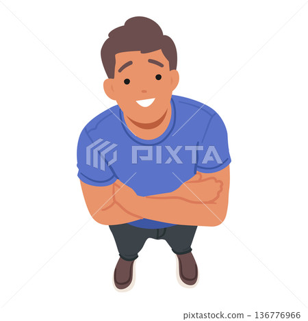 Confident And Positive Man With A Beaming Smile, Standing Tall With Crossed Arms, Gazing Upwards From A Top View Confident And Positive Man With A Beaming Smile, Standing Tall With Crossed Arms, Gazing Upwards From A Top View 136776966