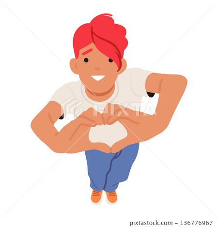 Joyful Woman, Eyes Lifted, Displaying Heart Gesture Top View. Girl Radiating Positivity And Love. Female Character 136776967