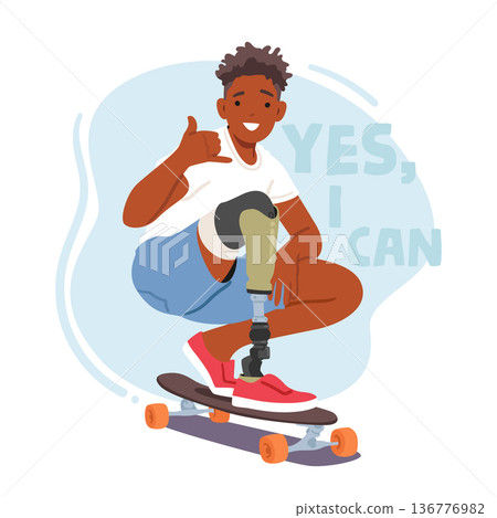 Young Skateboarder Confidently Rides With Leg Prosthesis, Demonstrating His Perseverance And Athletic Abilities 136776982