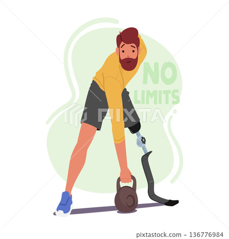 Male Character With Prosthetic Leg Working Out With Weights. Demonstrating Strength And Determination In Fitness 136776984
