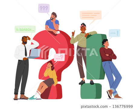 Perplexed Characters Standing at Huge Question And Exclamation Signs, Symbolizing Confusion, Uncertainty And Curiosity 136776999