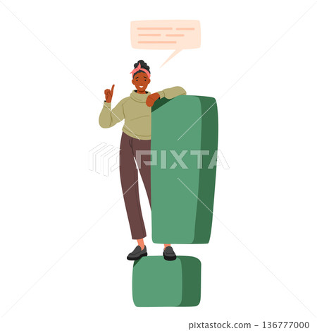 Female Character Stands on Gigantic Exclamation Mark, Pointing Upwards With An Outstretched Finger, Vector Illustration Female Character Stands on Gigantic Exclamation Mark, Pointing Upwards With An Outstretched Finger, Vector Illustration 136777000