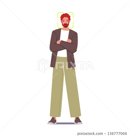 Male Character With Scanning Frame On Face Representing Concept Of Facial Recognition, Identification Digital Technology Male Character With Scanning Frame On Face Representing Concept Of Facial Recognition, Identification Digital Technology 136777008