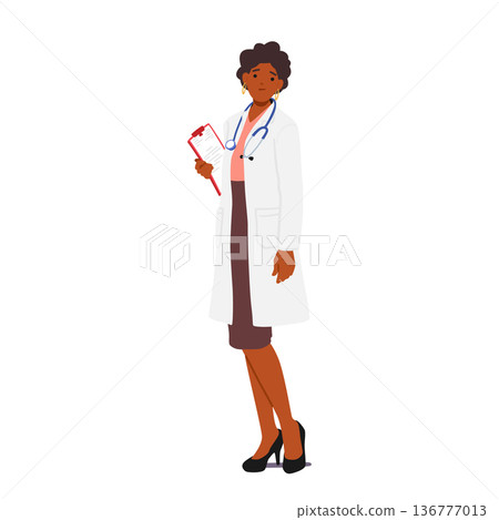 Confident Female Doctor Character Standing With Clipboard, Providing Professional Medical Care, Vector Illustration Confident Female Doctor Character Standing With Clipboard, Providing Professional Medical Care, Vector Illustration 136777013